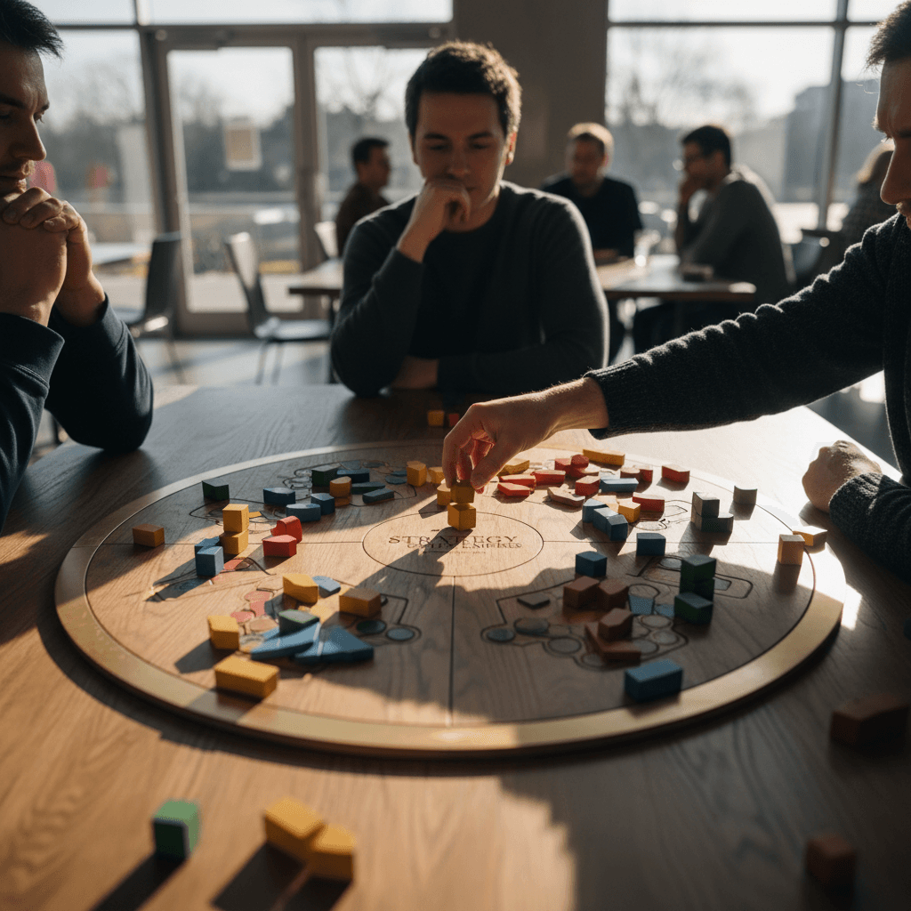 Colorful board game pieces and language cards on a table