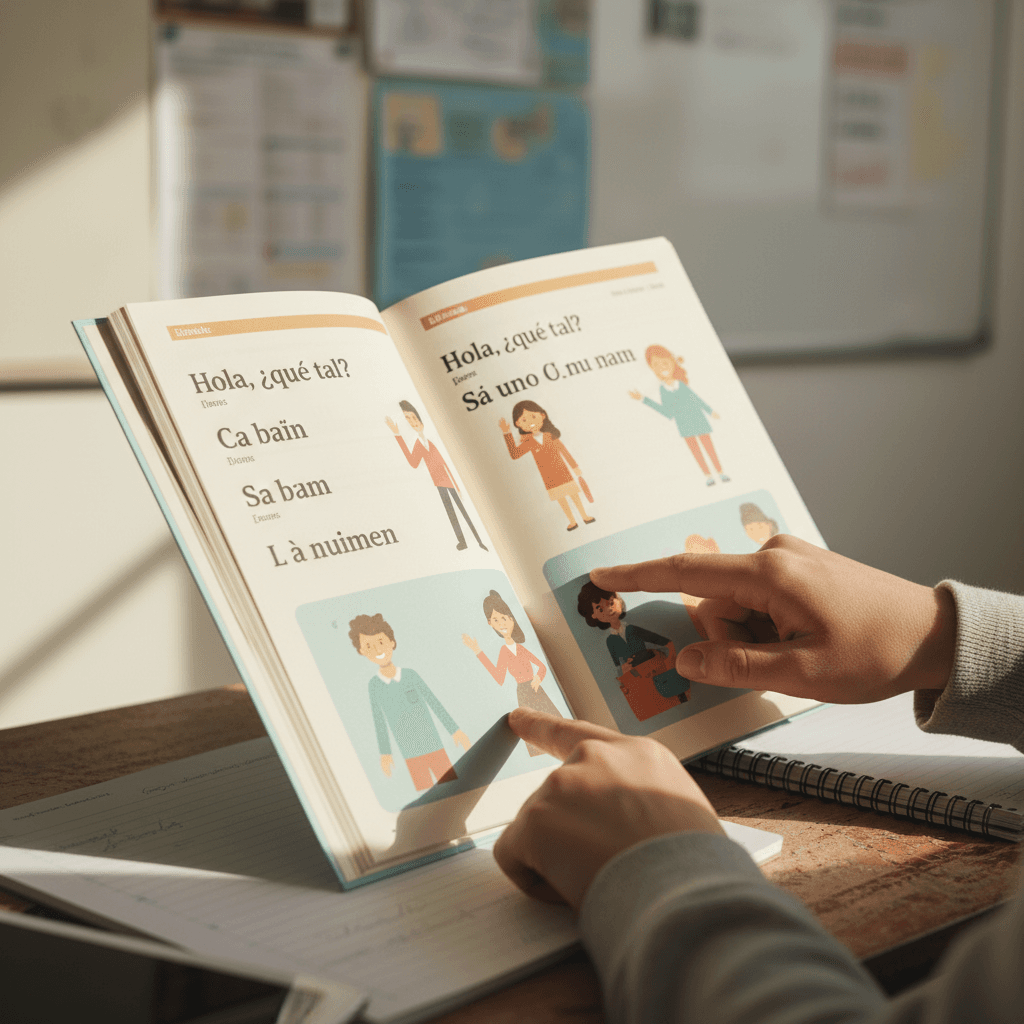 Hands holding a French textbook with a pen on an open page