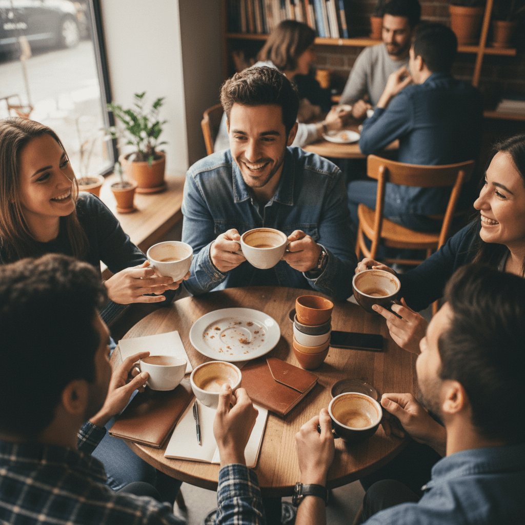 Group of adults laughing in a Parisian café during a French language tour