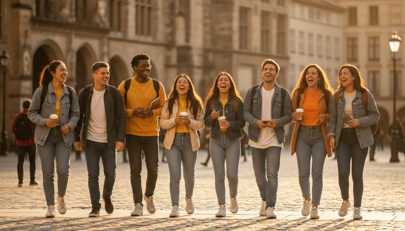 Group of adults laughing while on a guided walking tour of a historic French city