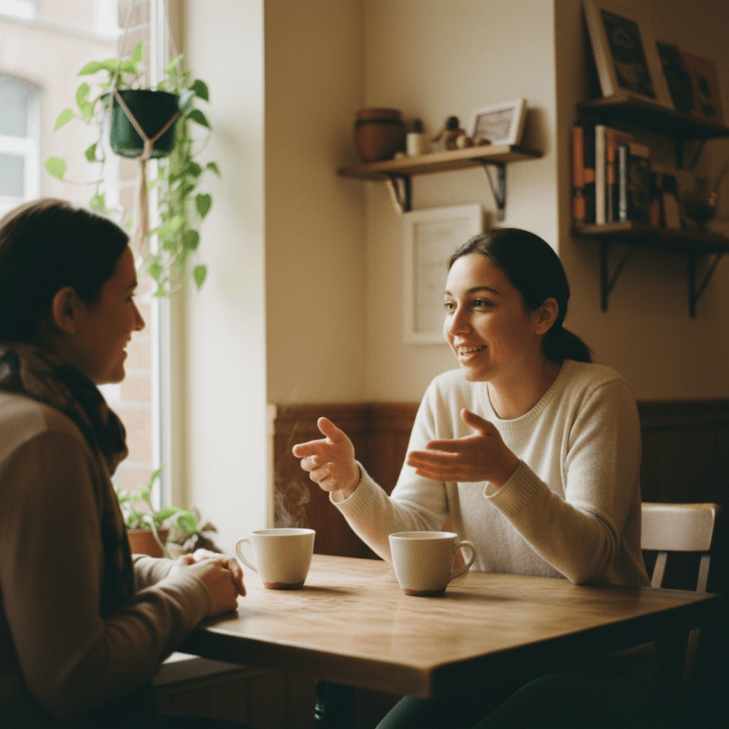 Small group practicing French conversation at a café table